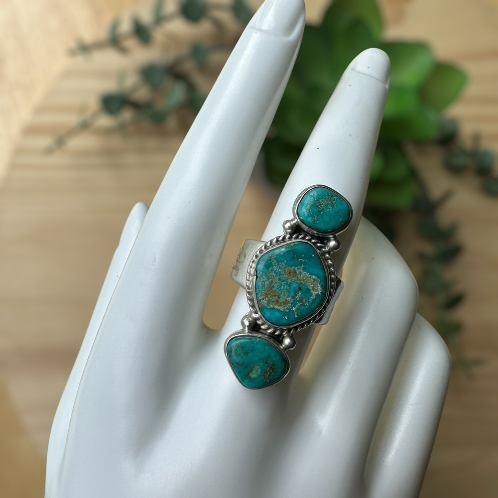 Navajo Lester Jackson Ring Turquoise‎ Cabs Size 7 Adjustable 925 Sterling 10.1g